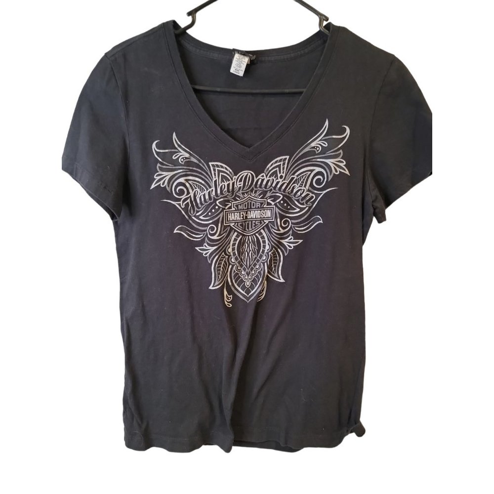 Harley Davidson Size Medium Womens Top Black V Neck Kalamazoo MI T-Shirt